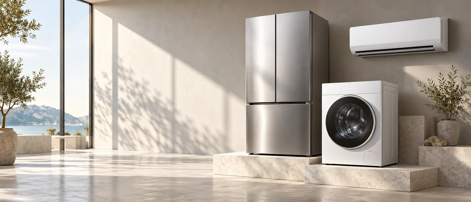 Refrigerator, washing machine and air conditioner in a light-filled architectural setting