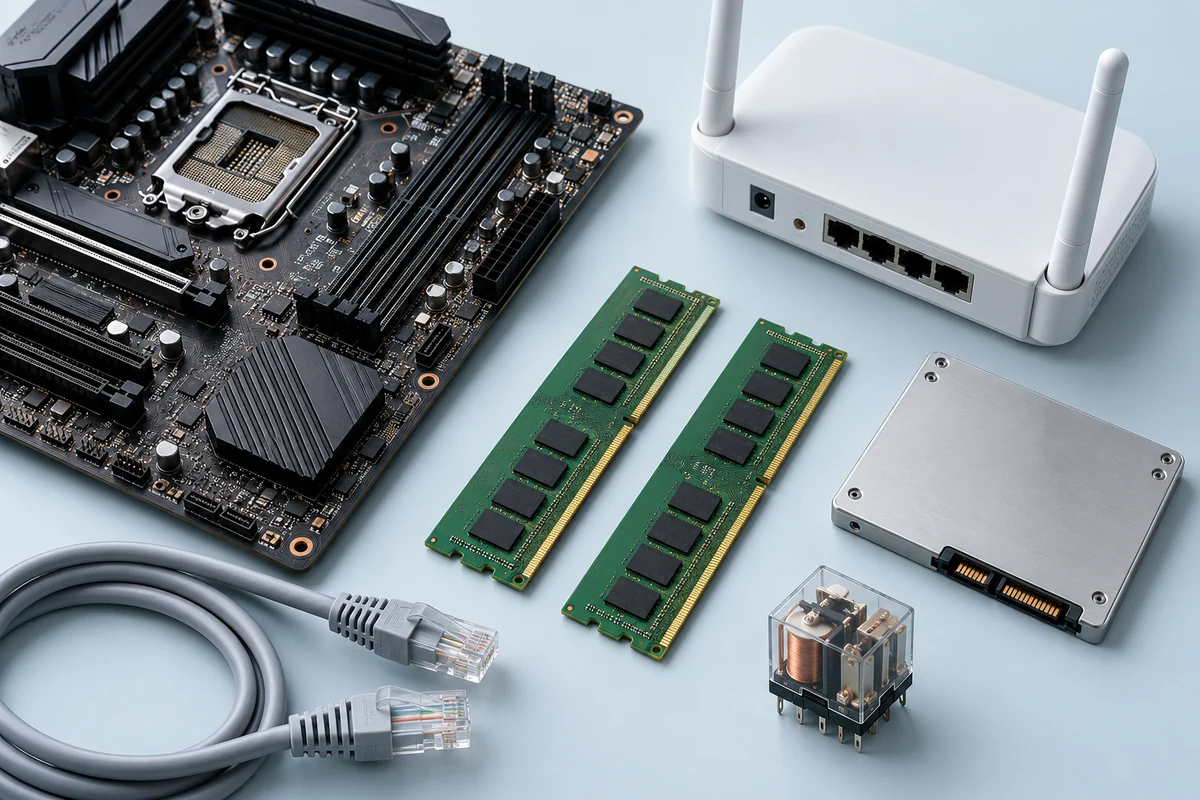 Motherboard, memory modules, storage drive, networking equipment and electrical relay