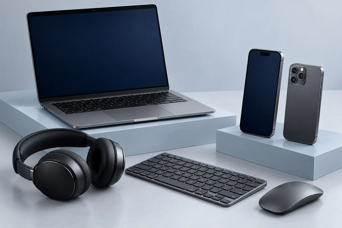Premium laptop, mobile phones, keyboard, mouse and headphones arranged on pale studio plinths