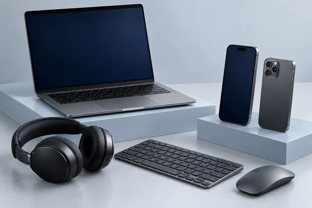 Keyboard, mouse, headphones and laptop on a cool gray desk