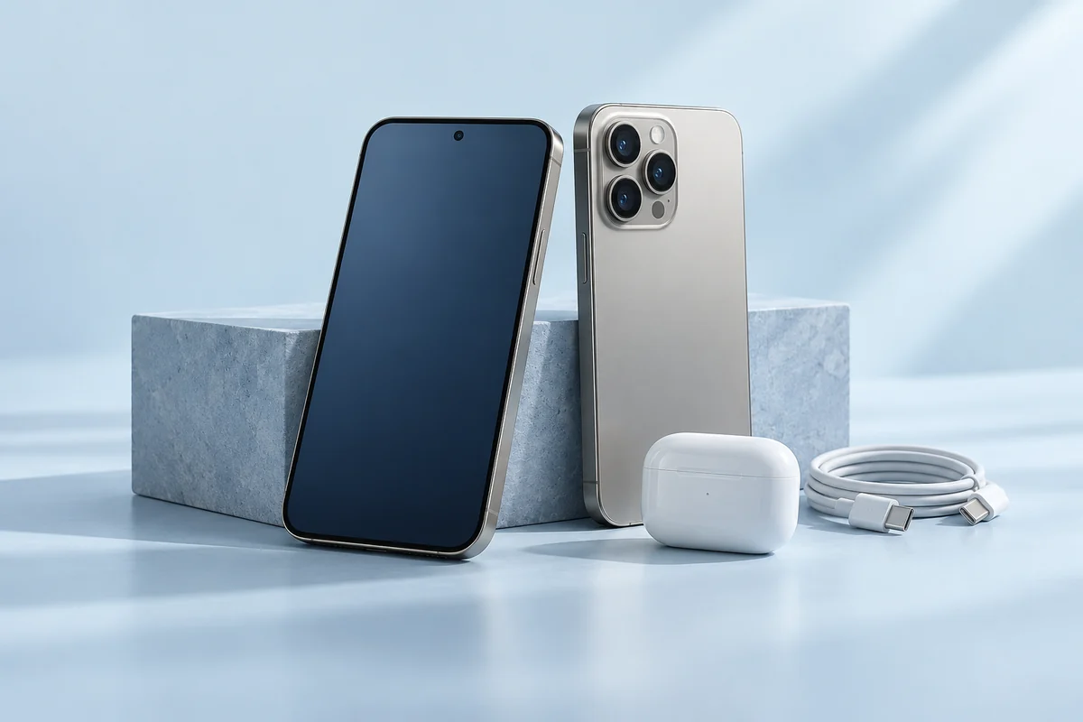Titanium smartphones with wireless earbuds and charging cable